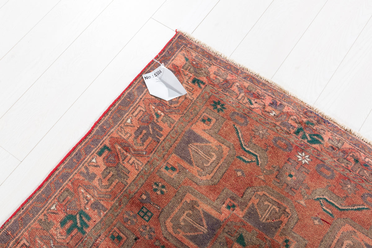 Vintage Faded Brick Red Allover Geometric Hand-Knotted Area Rug – 6' 7" x 3' 7" (201 x 109 cm)