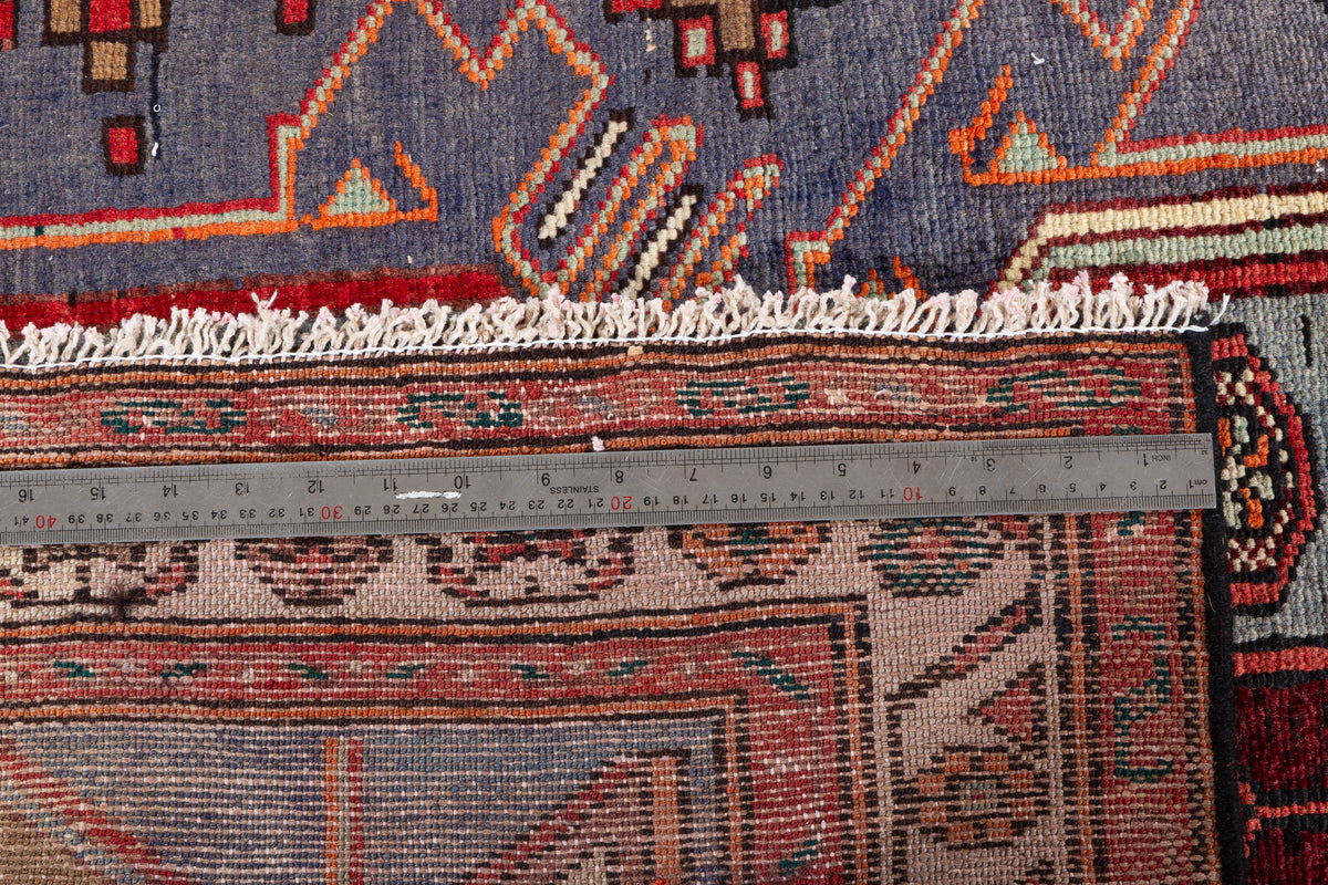 Tapis vintage bleu marine, rouge, bleu, et brun Three-Panel Tribal – 7' 7" x 3' 5" (230 x 103 cm)