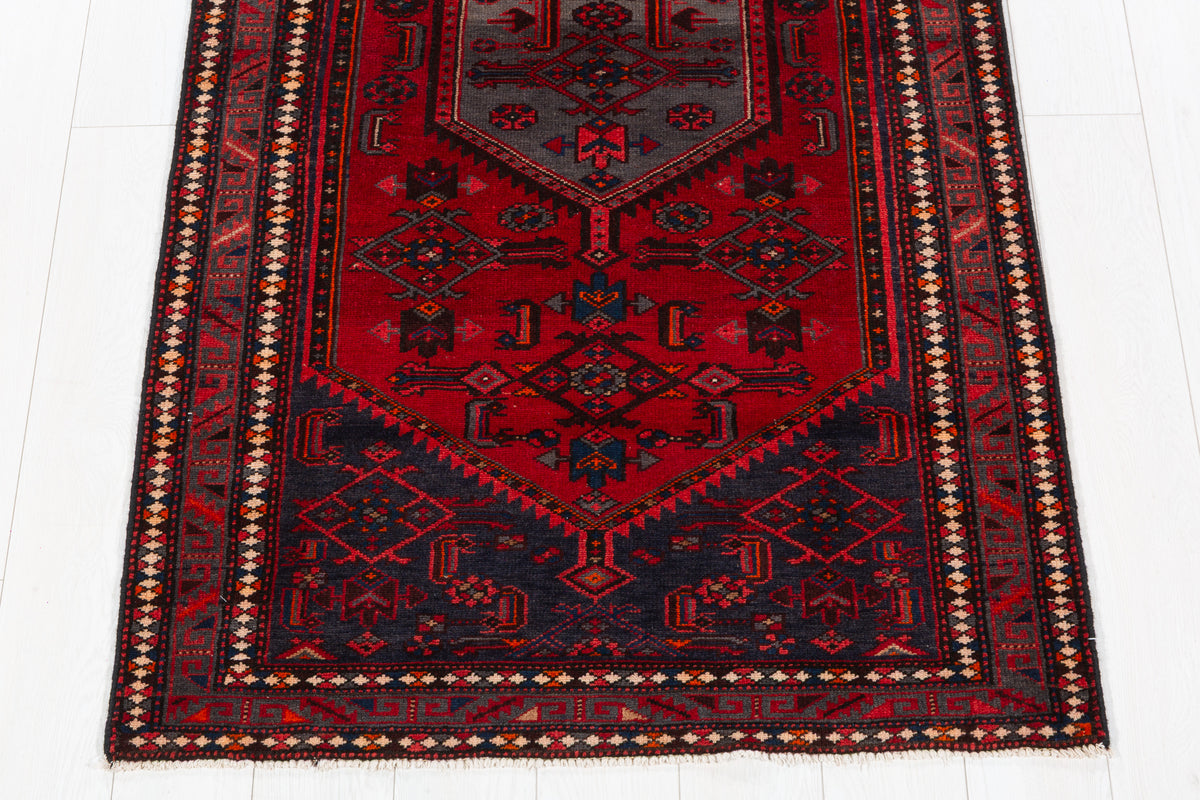 Vintage Red and Navy Blue Central Medallion Hand-Knotted Area Rug – 6' 9" x 3' 5" (206 x 103 cm)