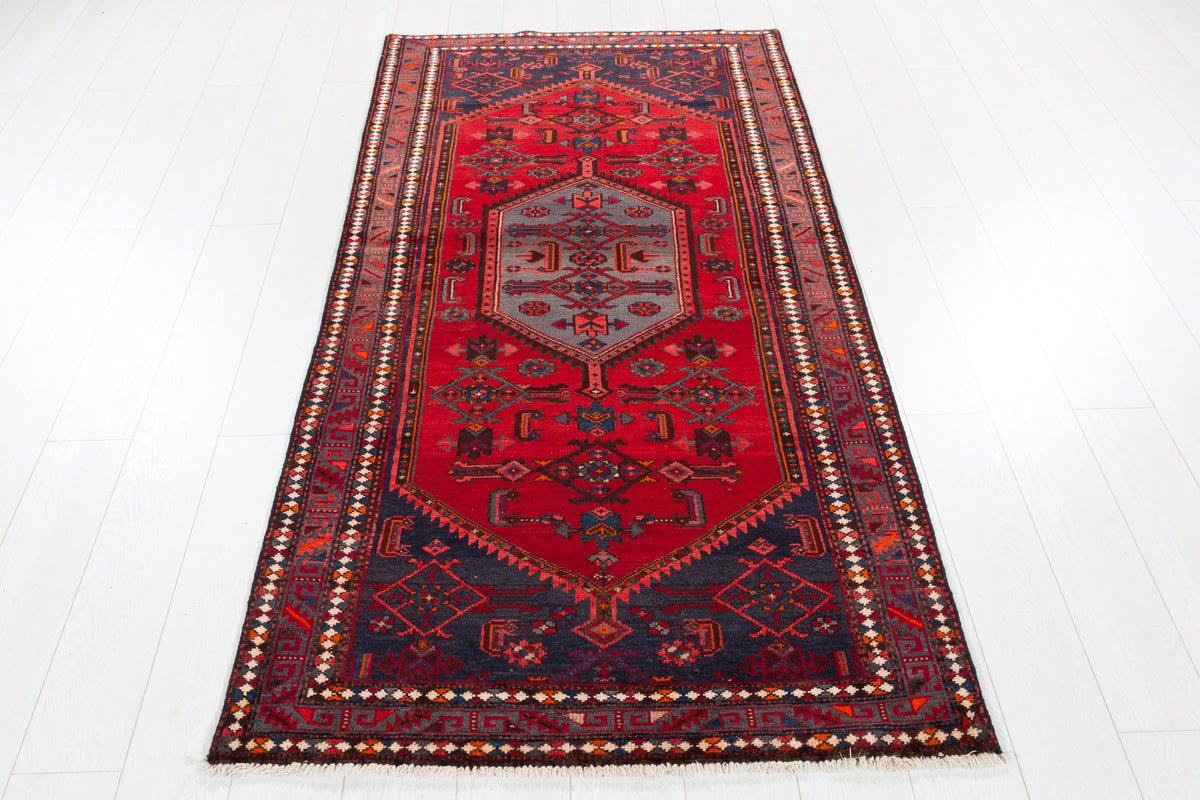 Vintage Red and Navy Blue Central Medallion Hand-Knotted Area Rug – 6' 9" x 3' 5" (206 x 103 cm)