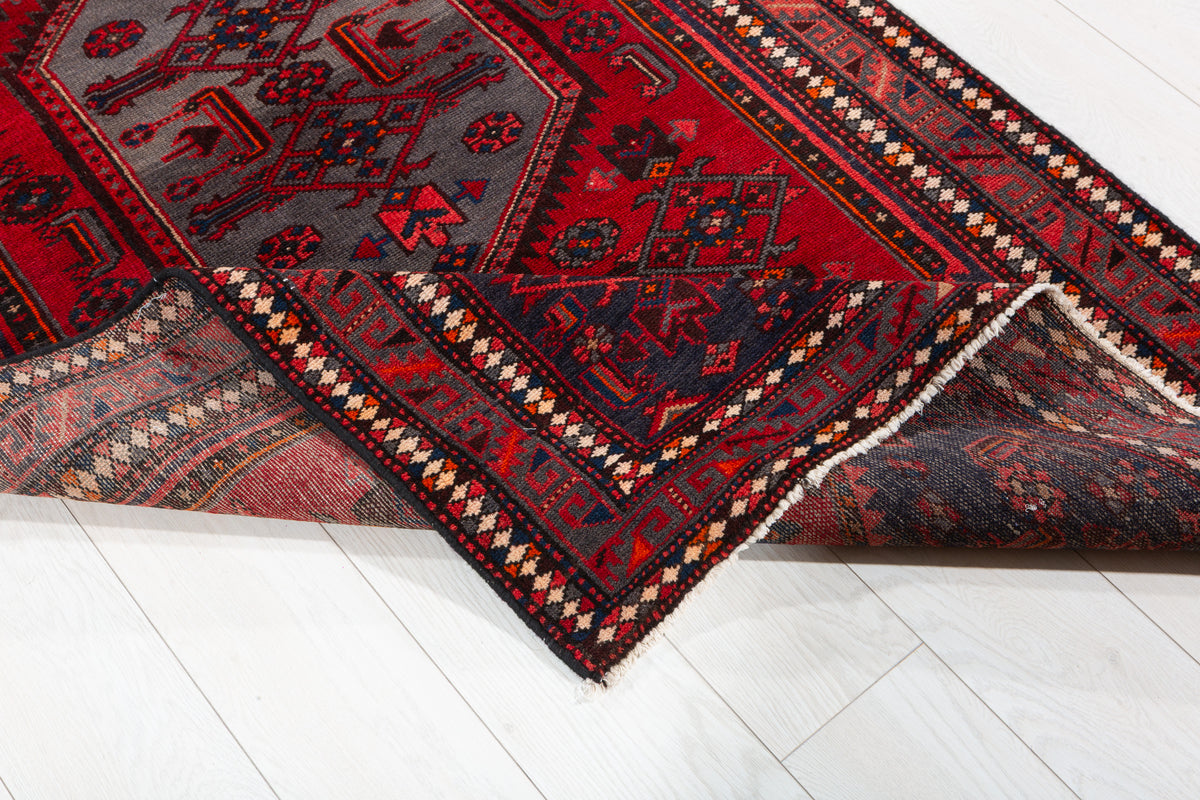 Vintage Red and Navy Blue Central Medallion Hand-Knotted Area Rug – 6' 9" x 3' 5" (206 x 103 cm)