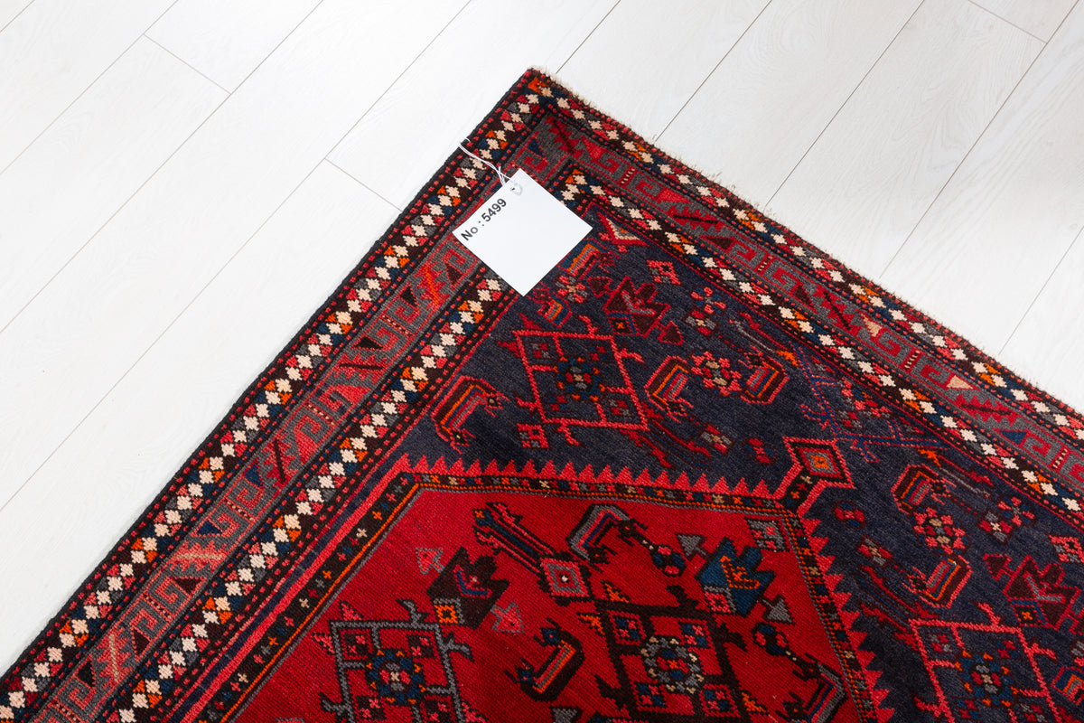 Vintage Red and Navy Blue Central Medallion Hand-Knotted Area Rug – 6' 9" x 3' 5" (206 x 103 cm)
