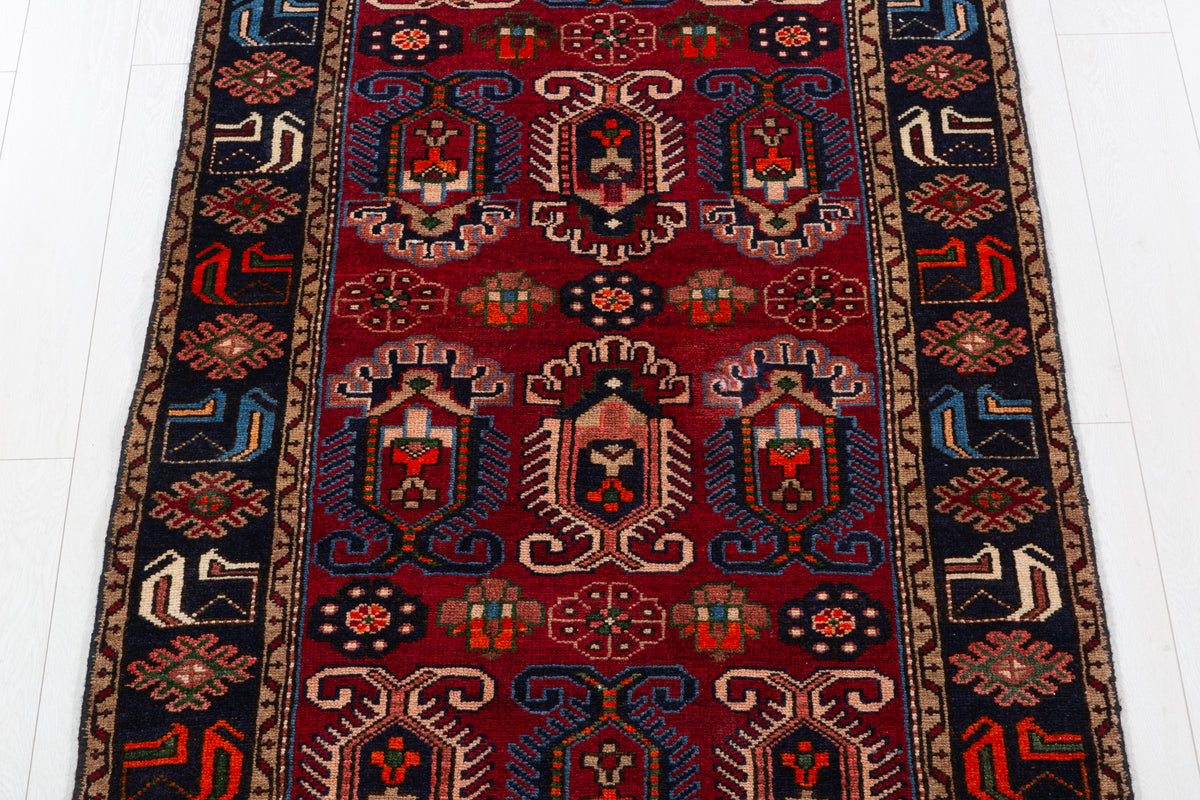 Vintage Red and Deep Navy Blue Tribal Allover Hand-Knotted Area Rug – 6' 5" x 3' 5" (196 x 103 cm)