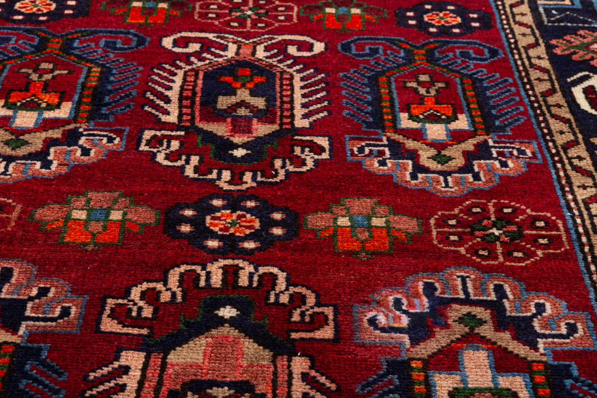Vintage Red and Deep Navy Blue Tribal Allover Hand-Knotted Area Rug – 6' 5" x 3' 5" (196 x 103 cm)