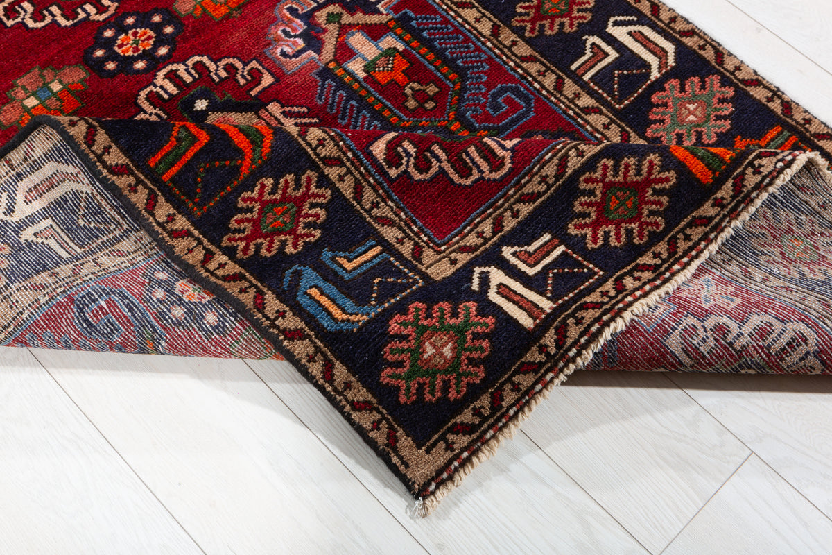 Vintage Red and Deep Navy Blue Tribal Allover Hand-Knotted Area Rug – 6' 5" x 3' 5" (196 x 103 cm)