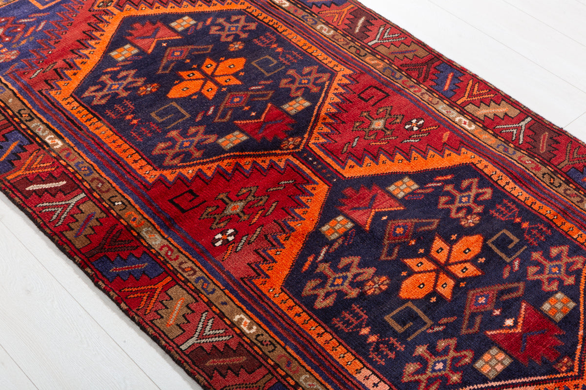 Vintage Red, Navy Blue, and Orange Double Diamond Medallion Hand-Knotted Area Rug – 6' 4" x 3' 2" (192 x 97 cm)