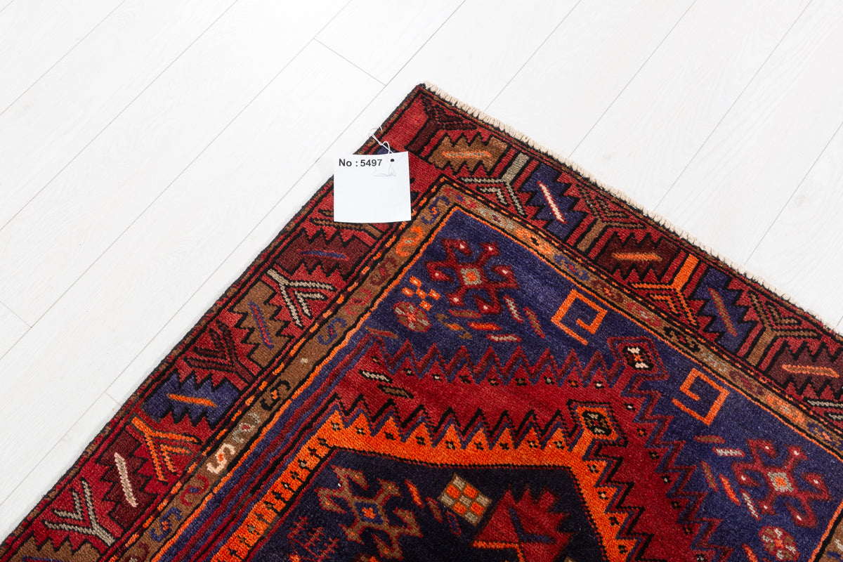 Vintage Red, Navy Blue, and Orange Double Diamond Medallion Hand-Knotted Area Rug – 6' 4" x 3' 2" (192 x 97 cm)