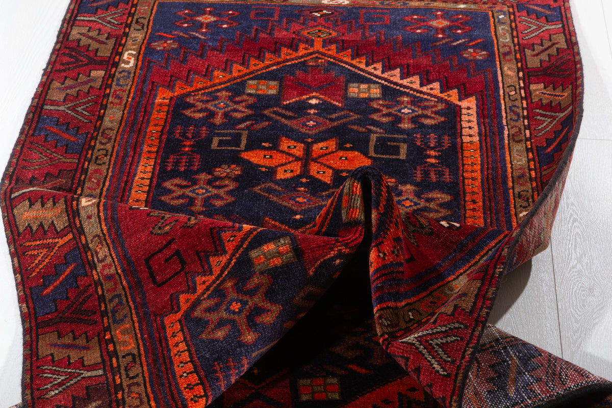Vintage Red, Navy Blue, and Orange Double Diamond Medallion Hand-Knotted Area Rug – 6' 4" x 3' 2" (192 x 97 cm)