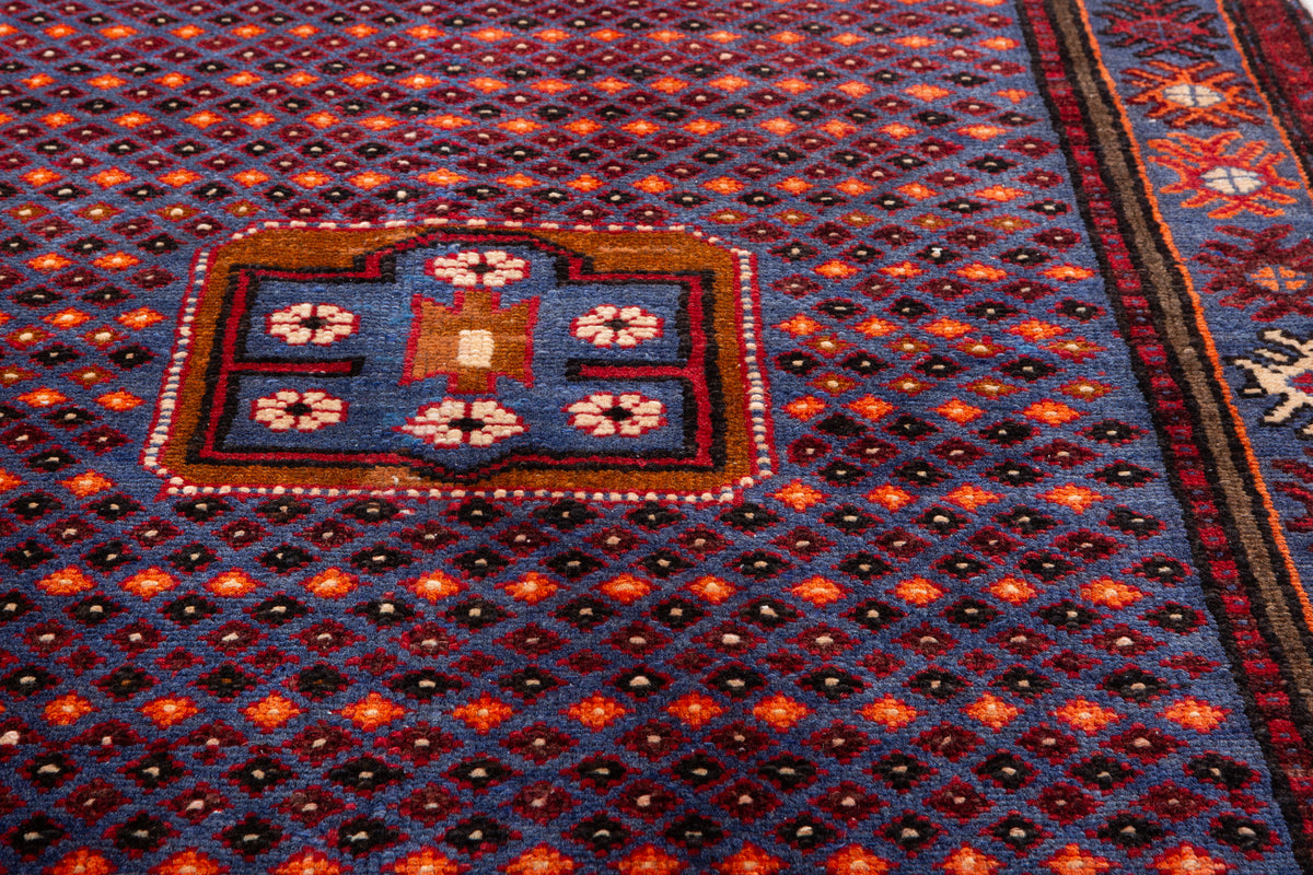 Tapis vintage bleu royal à motif intégral Lattice – 6' 4" x 3' 5" (192 x 104 cm)