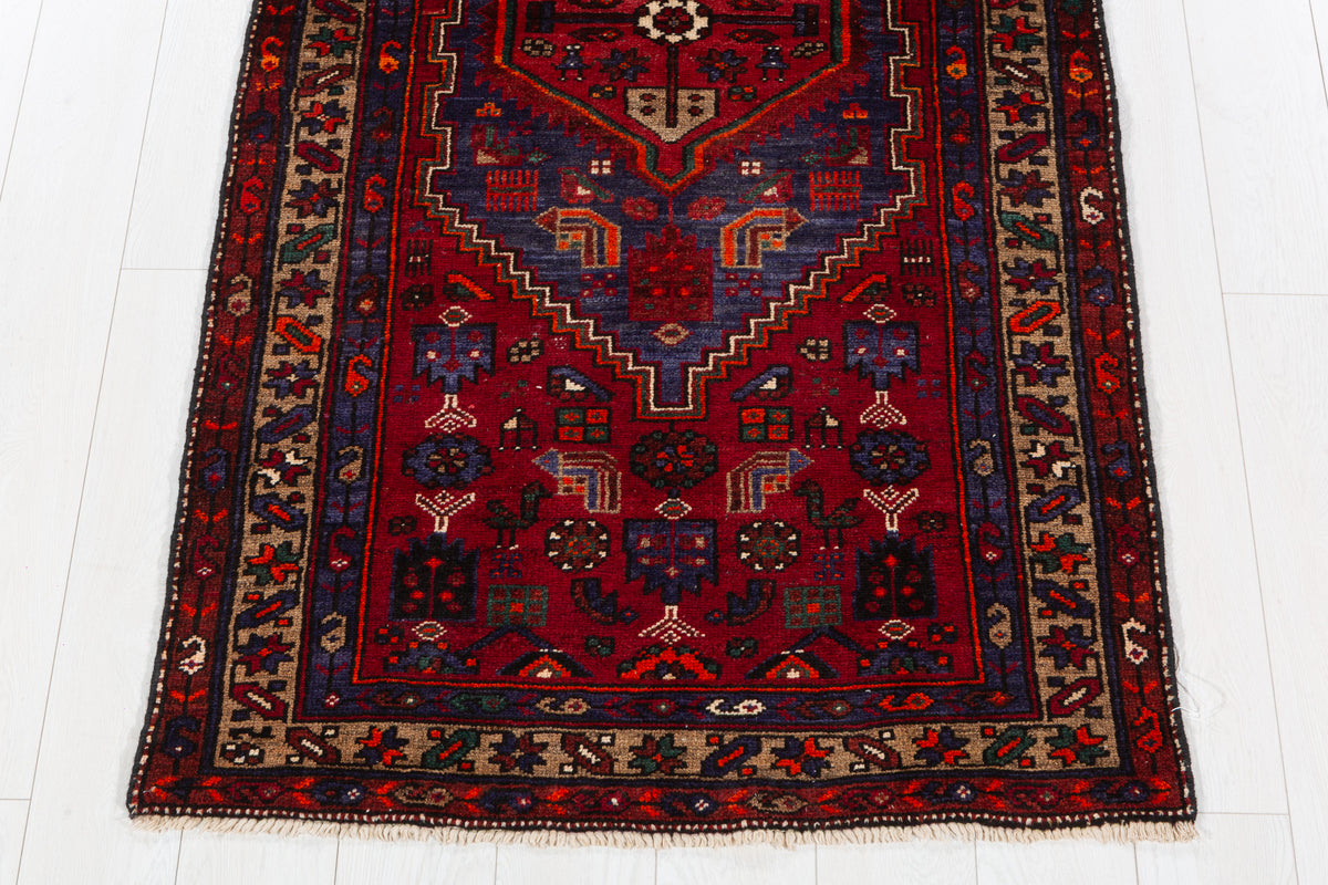 Vintage Red and Navy Blue Central Medallion Hand-Knotted Area Rug – 6' 7" x 3' 2" (201 x 97 cm)