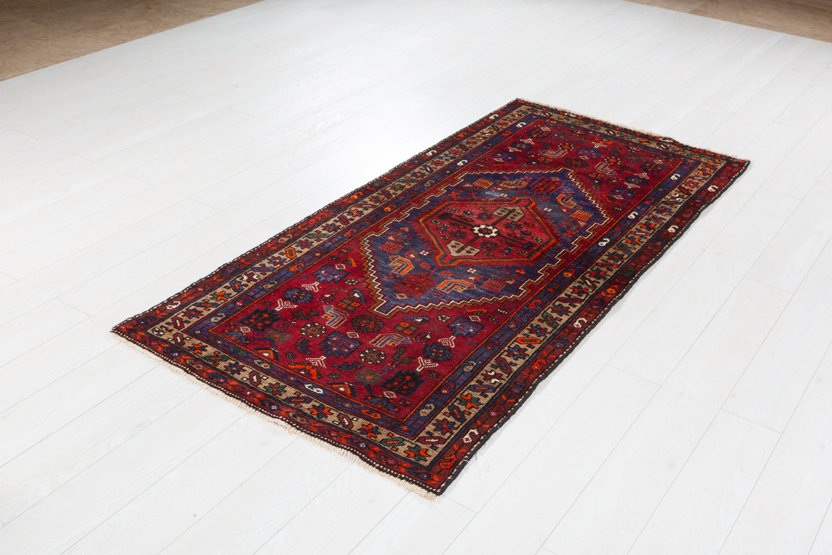Vintage Red and Navy Blue Central Medallion Hand-Knotted Area Rug – 6' 7" x 3' 2" (201 x 97 cm)
