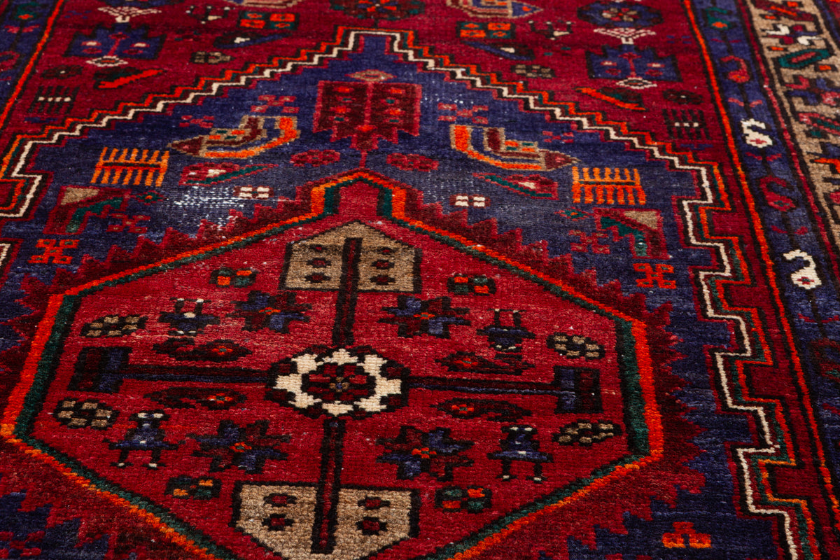 Vintage Red and Navy Blue Central Medallion Hand-Knotted Area Rug – 6' 7" x 3' 2" (201 x 97 cm)