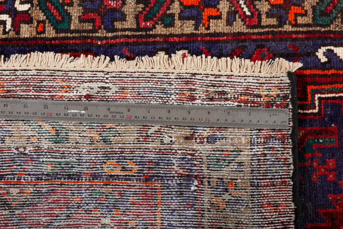 Vintage Red and Navy Blue Central Medallion Hand-Knotted Area Rug – 6' 7" x 3' 2" (201 x 97 cm)