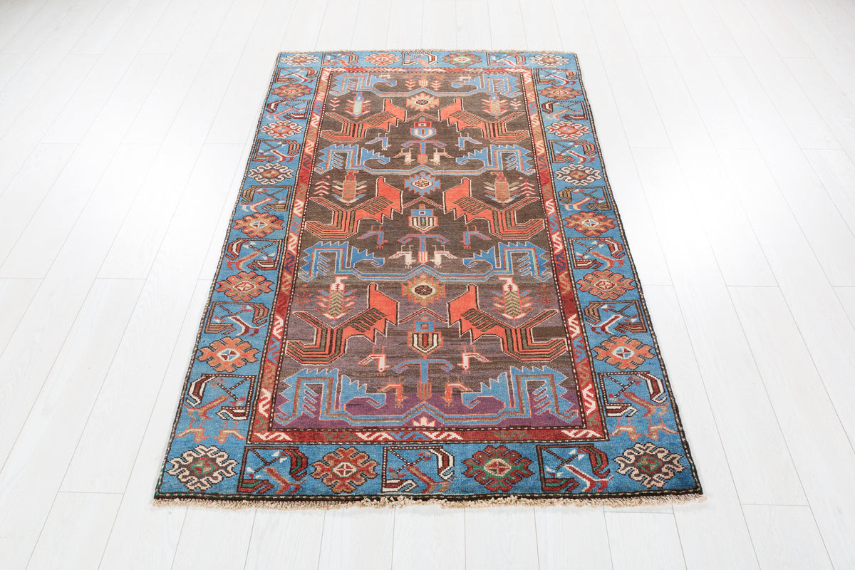 Vintage Charcoal Black and Blue Allover Geometric Hand-Knotted Area Rug – 6' 0" x 3' 10" (183 x 118 cm)