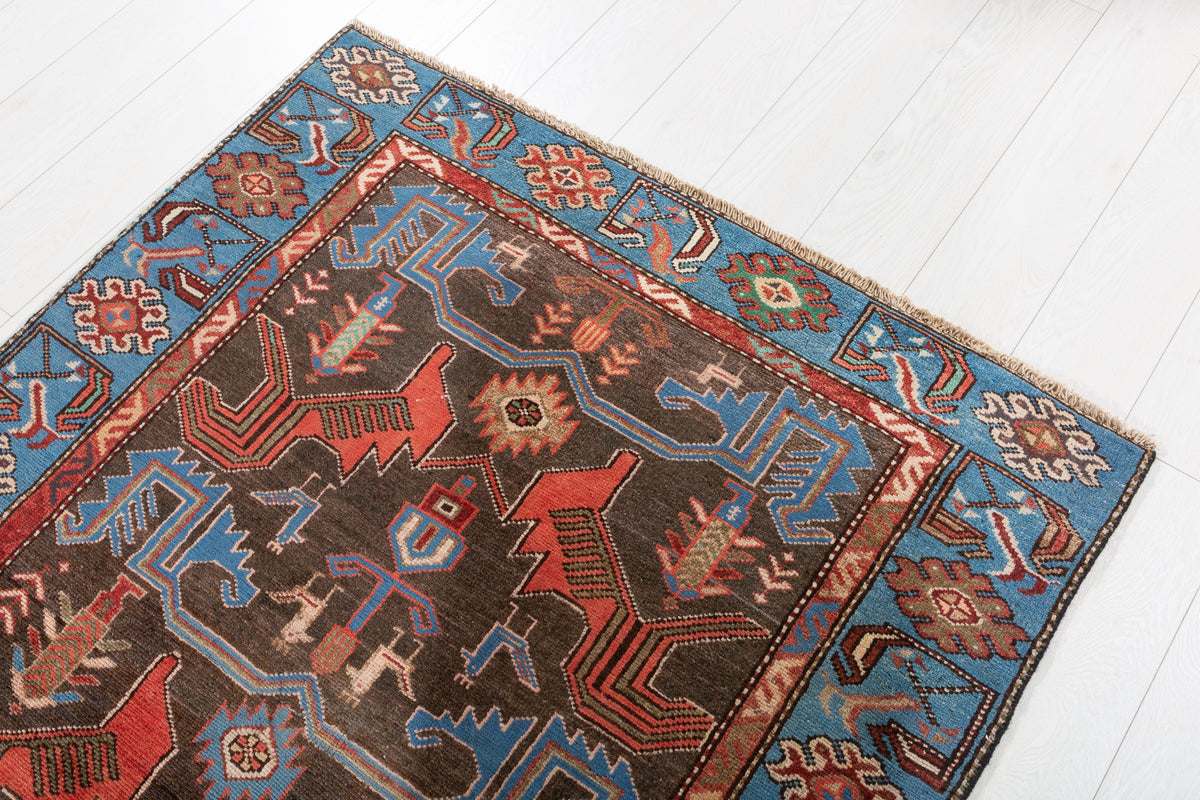 Vintage Charcoal Black and Blue Allover Geometric Hand-Knotted Area Rug – 6' 0" x 3' 10" (183 x 118 cm)