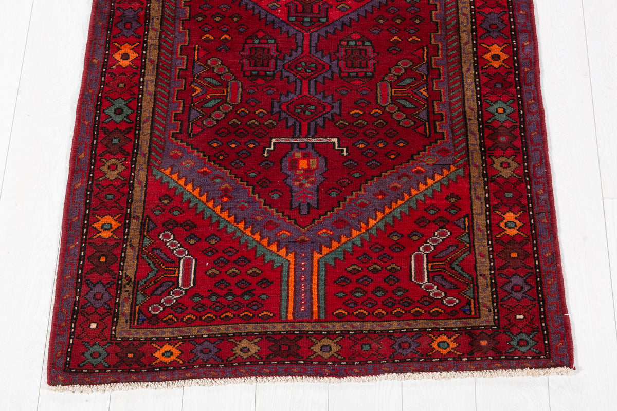 Vintage Red Geometric Medallion Hand-Knotted Area Rug – 6' 10" x 3' 5" (209 x 105 cm)