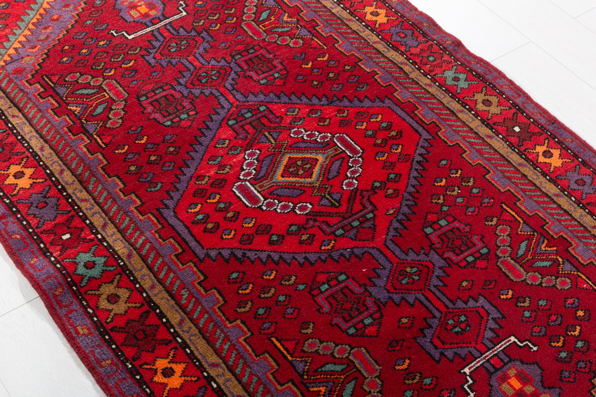 Vintage Red Geometric Medallion Hand-Knotted Area Rug – 6' 10" x 3' 5" (209 x 105 cm)