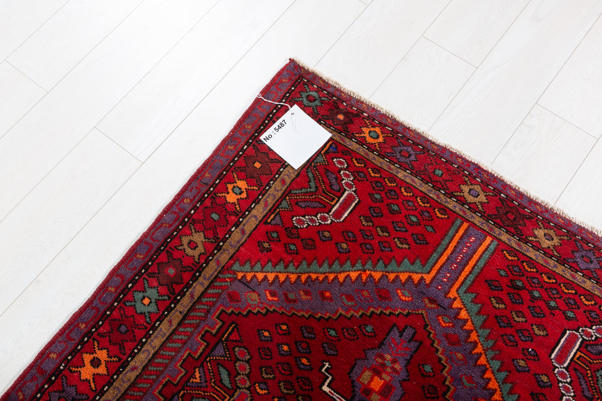 Vintage Red Geometric Medallion Hand-Knotted Area Rug – 6' 10" x 3' 5" (209 x 105 cm)