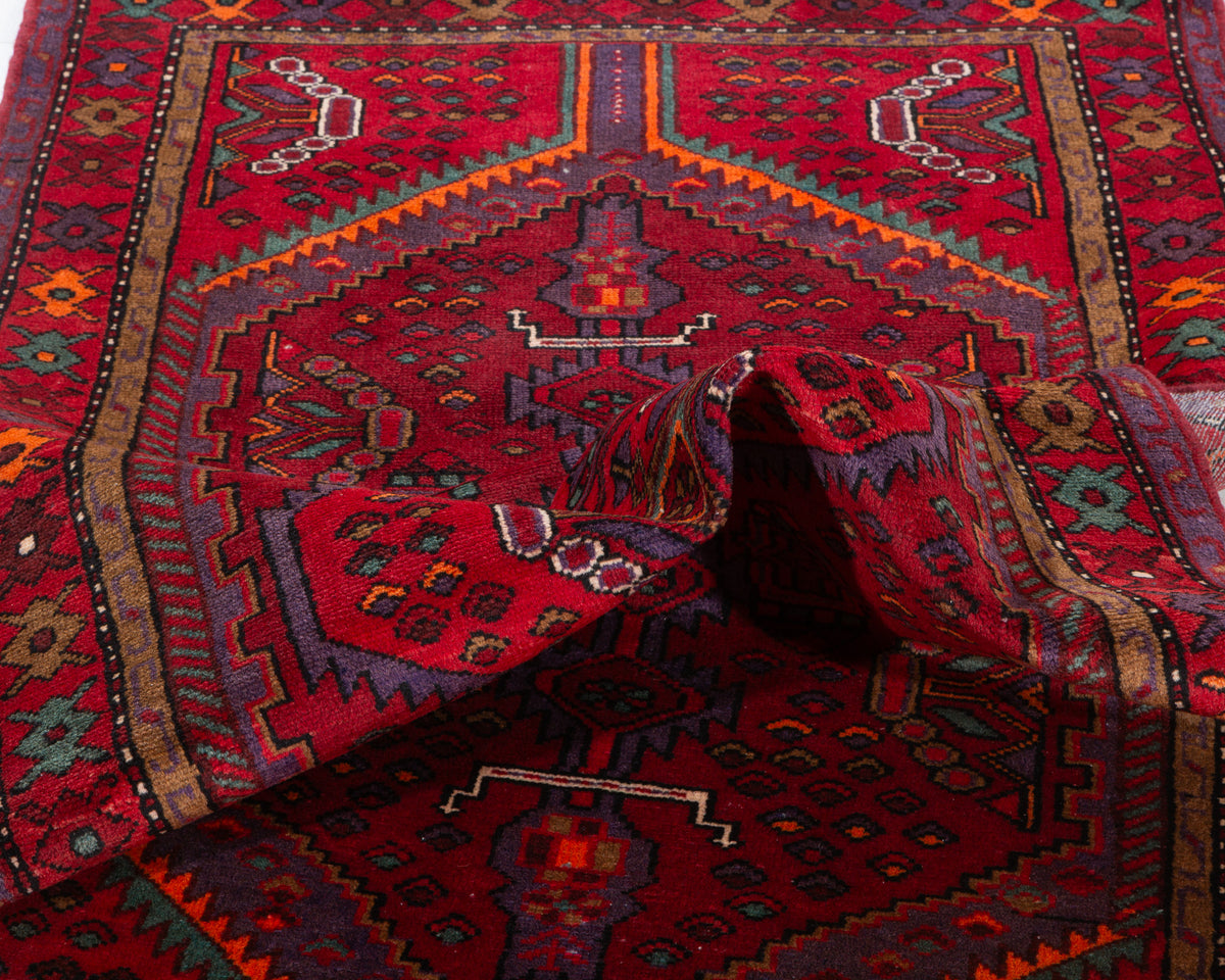 Vintage Red Geometric Medallion Hand-Knotted Area Rug – 6' 10" x 3' 5" (209 x 105 cm)