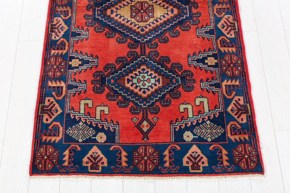 Tapis vintage orange et bleu Triple à médaillon géométrique – 6' 7" x 3' 7" (200 x 108 cm)