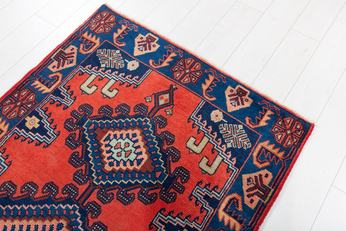 Tapis vintage orange et bleu Triple à médaillon géométrique – 6' 7" x 3' 7" (200 x 108 cm)
