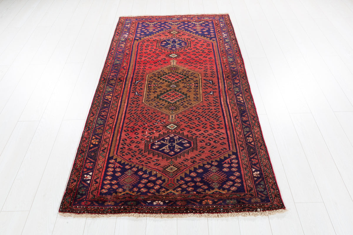 Vintage Rust Red and Navy Blue Elongated Medallion Hand-Knotted Area Rug – 5' 10" x 3' 7" (179 x 109 cm)