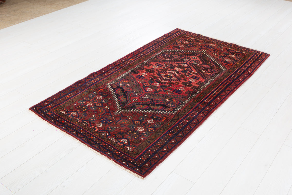 Vintage Rust Red Central Geometric Medallion Hand-Knotted Area Rug – 6' 4" x 3' 7" (194 x 108 cm)