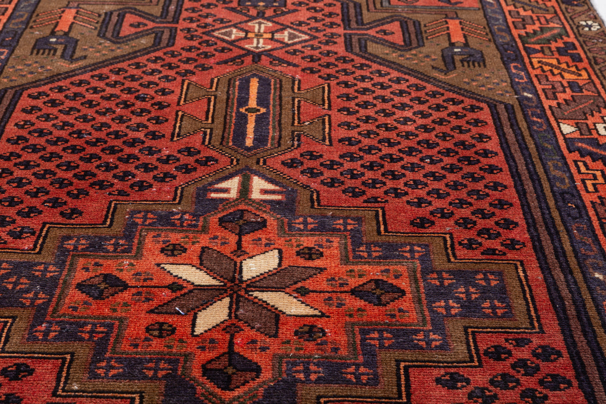 Vintage Brick Red Allover Lattice and Medallion Hand-Knotted Area Rug – 6' 11" x 3' 5" (210 x 104 cm)