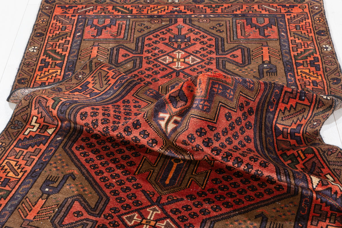 Vintage Brick Red Allover Lattice and Medallion Hand-Knotted Area Rug – 6' 11" x 3' 5" (210 x 104 cm)