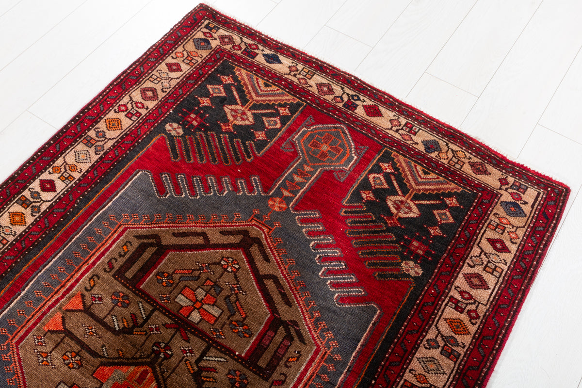 Vintage Red and Charcoal Black Twin Medallion Hand-Knotted Area Rug – 7' 3" x 3' 5" (220 x 105 cm)