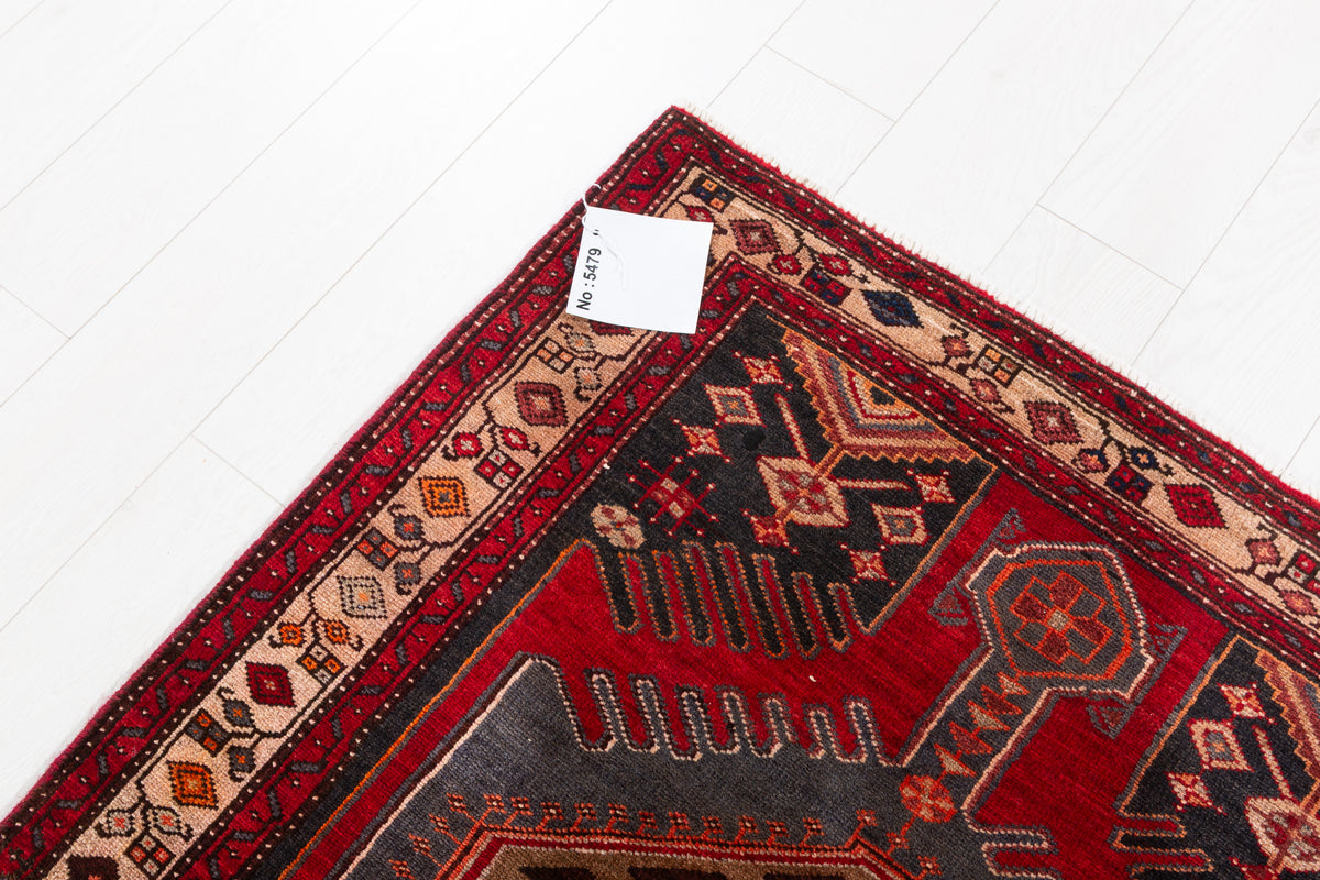 Vintage Red and Charcoal Black Twin Medallion Hand-Knotted Area Rug – 7' 3" x 3' 5" (220 x 105 cm)