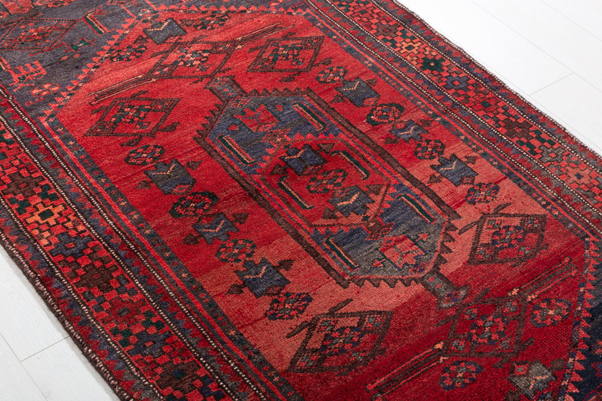 Vintage Faded Red Geometric Medallion Hand-Knotted Area Rug – 6' 5" x 3' 6" (195 x 106 cm)