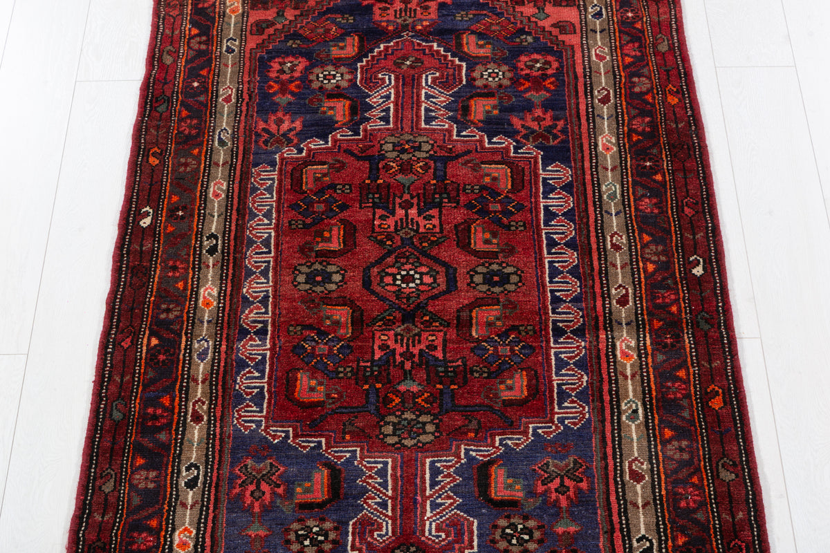 Vintage Rust Red and Navy Blue Allover Lattice Medallion Hand-Knotted Area Rug – 6' 8" x 3' 3" (204 x 100 cm)