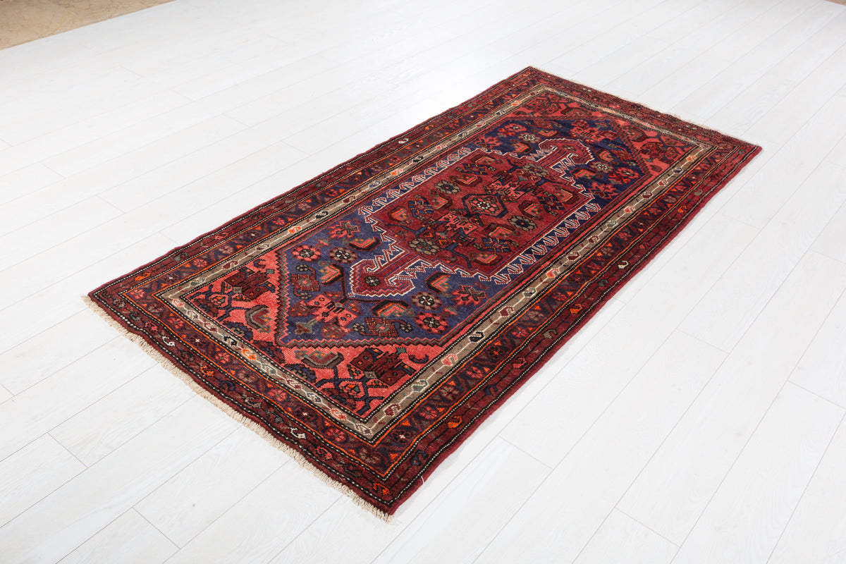 Vintage Rust Red and Navy Blue Allover Lattice Medallion Hand-Knotted Area Rug – 6' 8" x 3' 3" (204 x 100 cm)