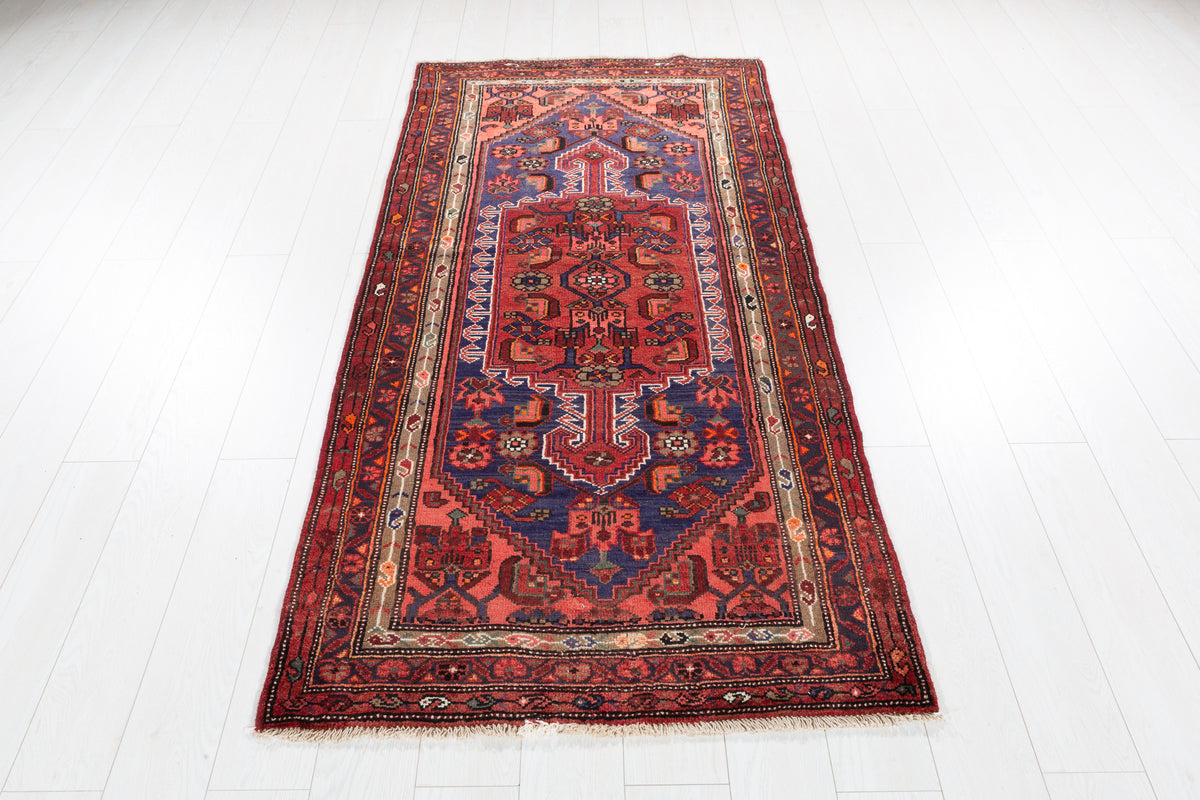 Vintage Rust Red and Navy Blue Allover Lattice Medallion Hand-Knotted Area Rug – 6' 8" x 3' 3" (204 x 100 cm)