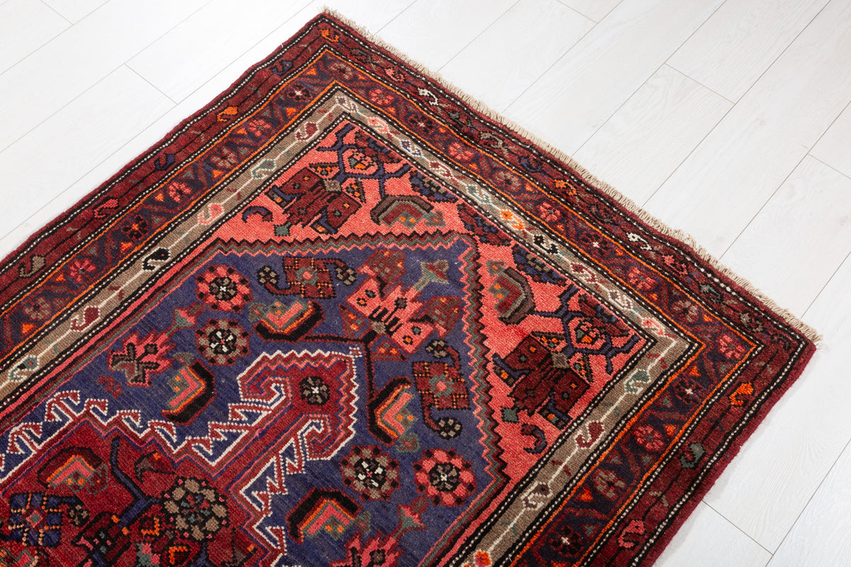 Vintage Rust Red and Navy Blue Allover Lattice Medallion Hand-Knotted Area Rug – 6' 8" x 3' 3" (204 x 100 cm)