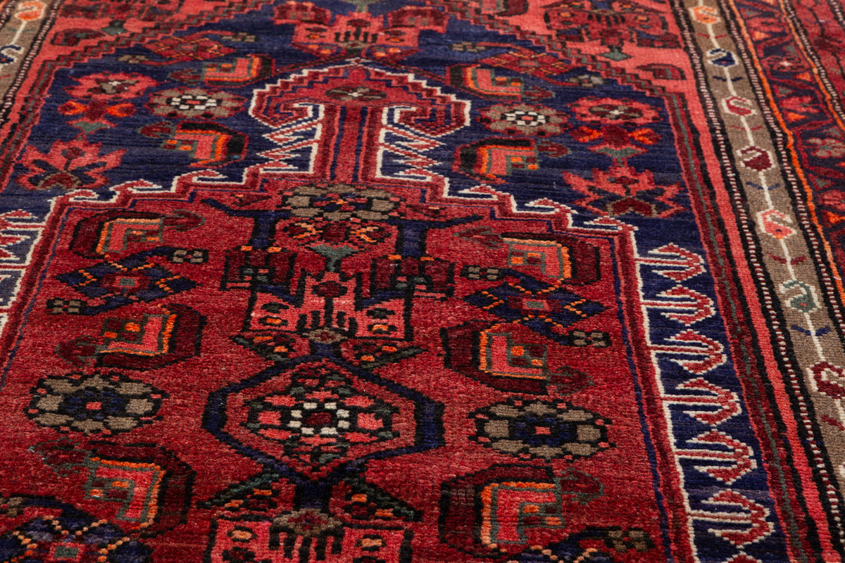 Vintage Rust Red and Navy Blue Allover Lattice Medallion Hand-Knotted Area Rug – 6' 8" x 3' 3" (204 x 100 cm)