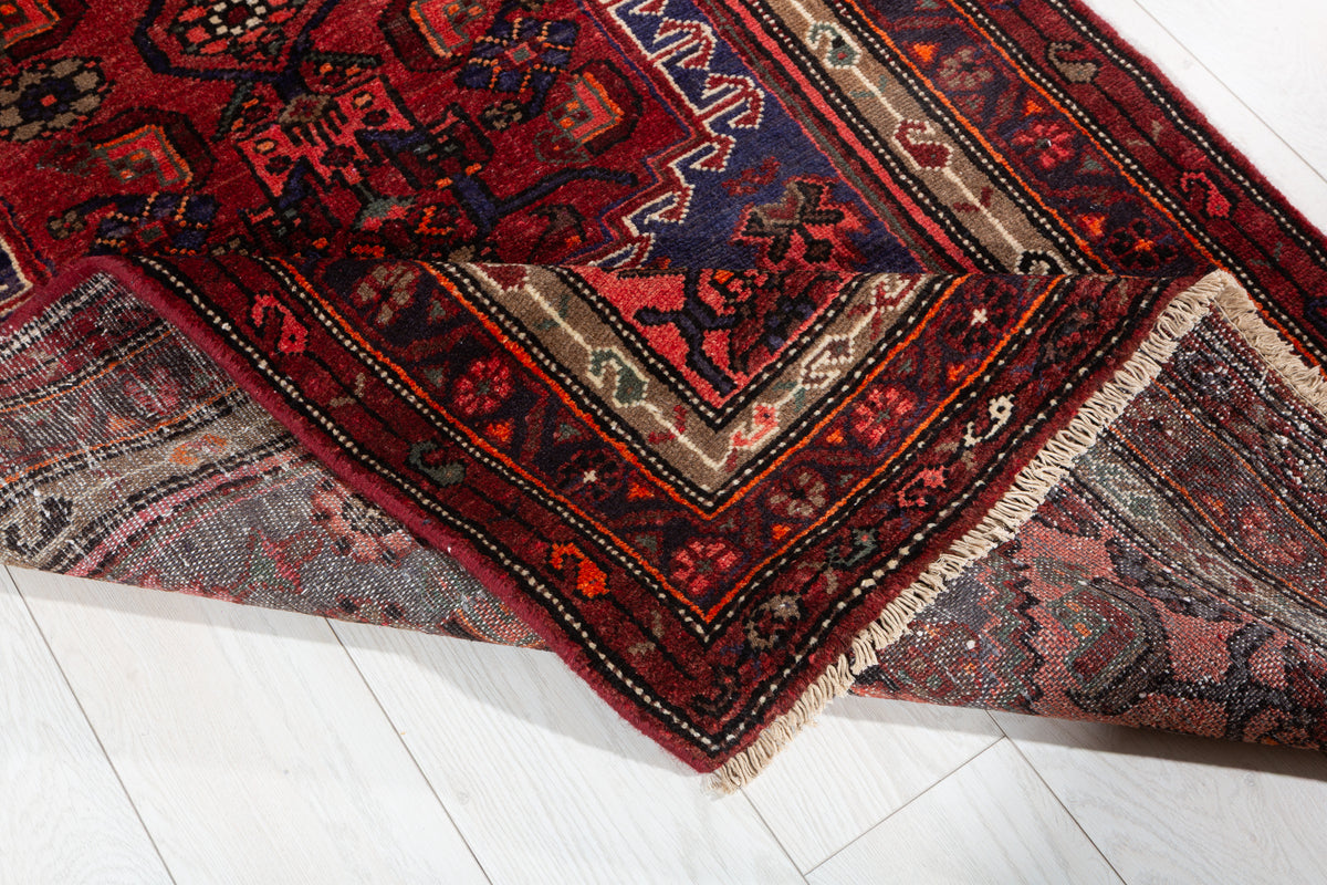 Vintage Rust Red and Navy Blue Allover Lattice Medallion Hand-Knotted Area Rug – 6' 8" x 3' 3" (204 x 100 cm)