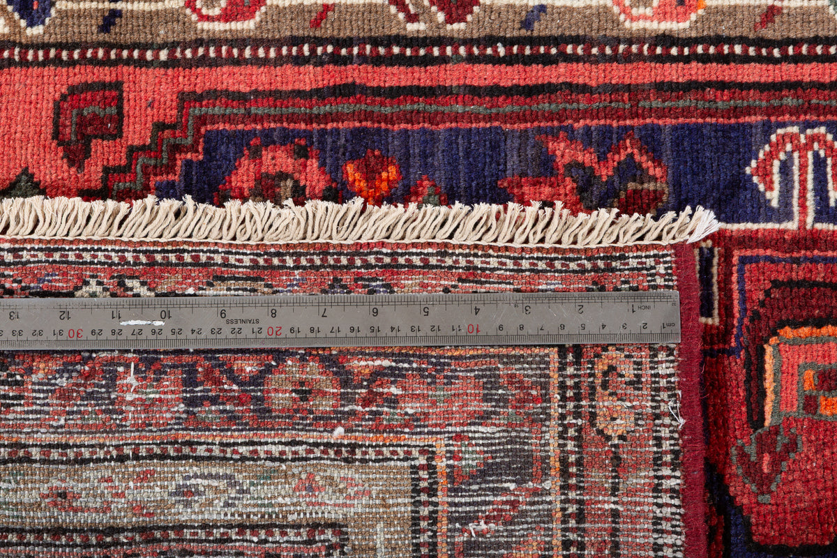 Vintage Rust Red and Navy Blue Allover Lattice Medallion Hand-Knotted Area Rug – 6' 8" x 3' 3" (204 x 100 cm)