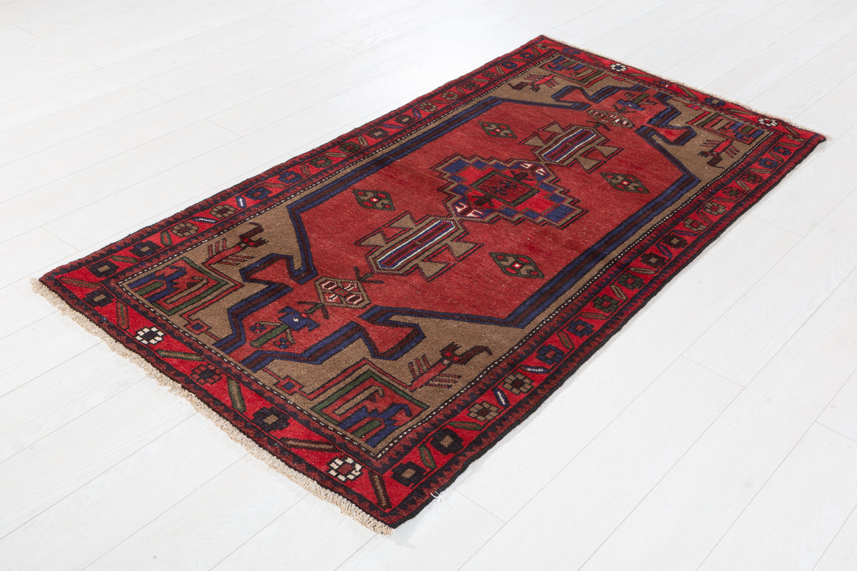 Tapis vintage rouge et brun Stepped à médaillon géométrique – 6' 2" x 3' 3" (189 x 98 cm)