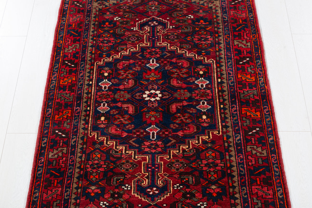 Vintage Red and Navy Blue Intricate Central Medallion Hand-Knotted Area Rug – 6' 8" x 3' 5" (203 x 103 cm)