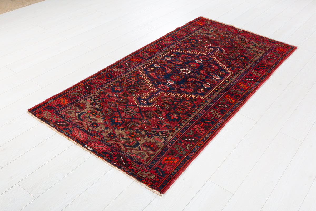 Vintage Red and Navy Blue Intricate Central Medallion Hand-Knotted Area Rug – 6' 8" x 3' 5" (203 x 103 cm)