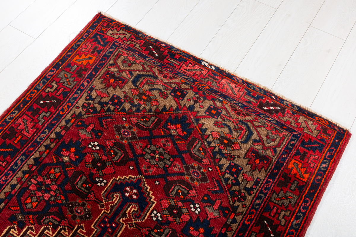 Vintage Red and Navy Blue Intricate Central Medallion Hand-Knotted Area Rug – 6' 8" x 3' 5" (203 x 103 cm)