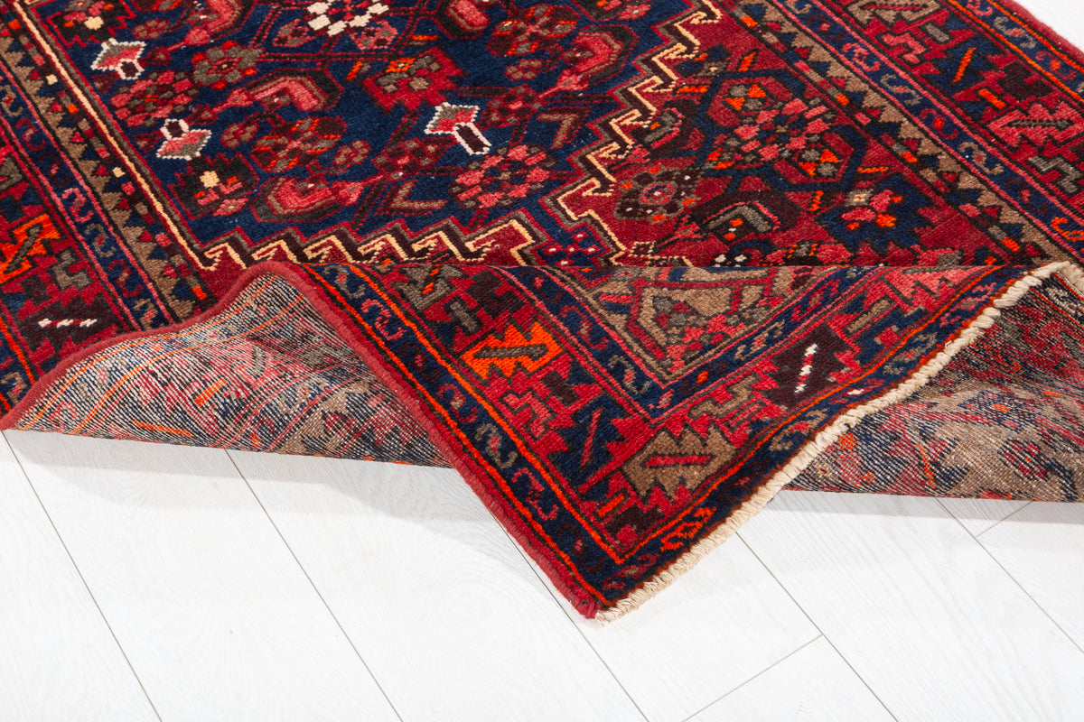 Vintage Red and Navy Blue Intricate Central Medallion Hand-Knotted Area Rug – 6' 8" x 3' 5" (203 x 103 cm)