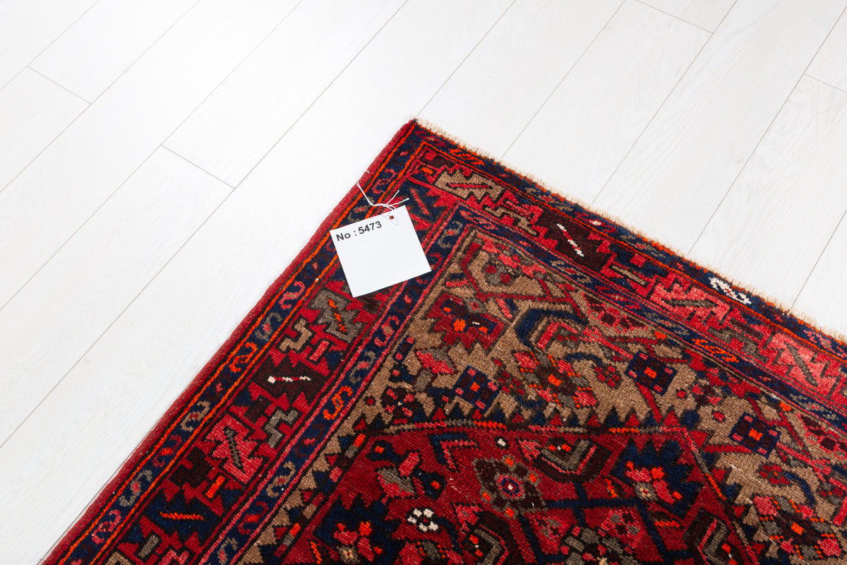 Vintage Red and Navy Blue Intricate Central Medallion Hand-Knotted Area Rug – 6' 8" x 3' 5" (203 x 103 cm)