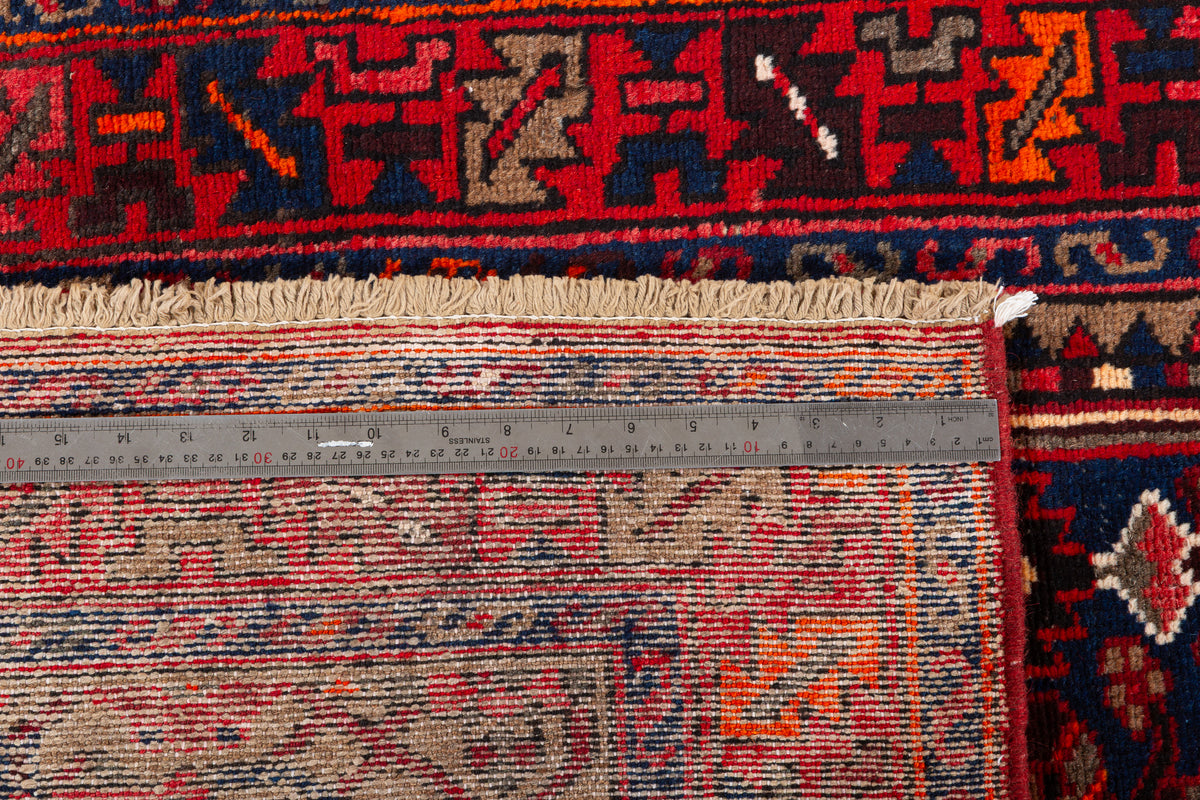 Vintage Red and Navy Blue Intricate Central Medallion Hand-Knotted Area Rug – 6' 8" x 3' 5" (203 x 103 cm)
