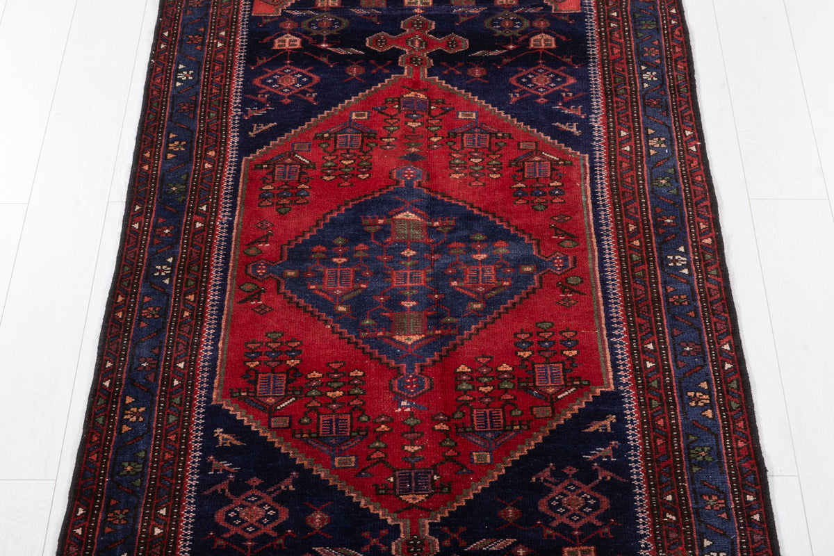 Vintage Red and Navy Blue Central Diamond Medallion Hand-Knotted Area Rug – 6' 6" x 3' 6" (197 x 107 cm)