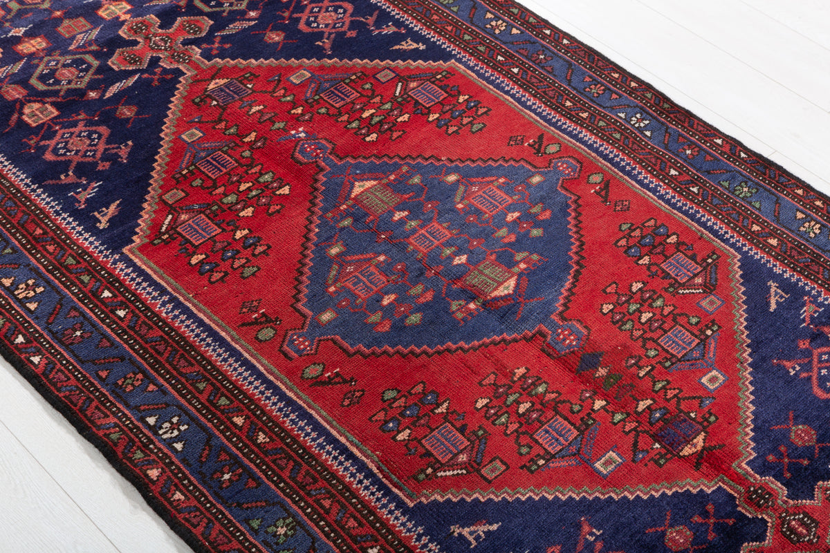 Vintage Red and Navy Blue Central Diamond Medallion Hand-Knotted Area Rug – 6' 6" x 3' 6" (197 x 107 cm)