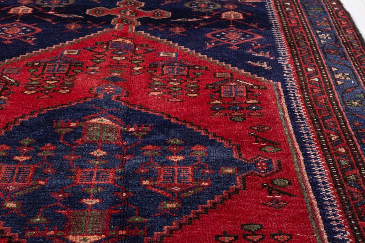 Vintage Red and Navy Blue Central Diamond Medallion Hand-Knotted Area Rug – 6' 6" x 3' 6" (197 x 107 cm)