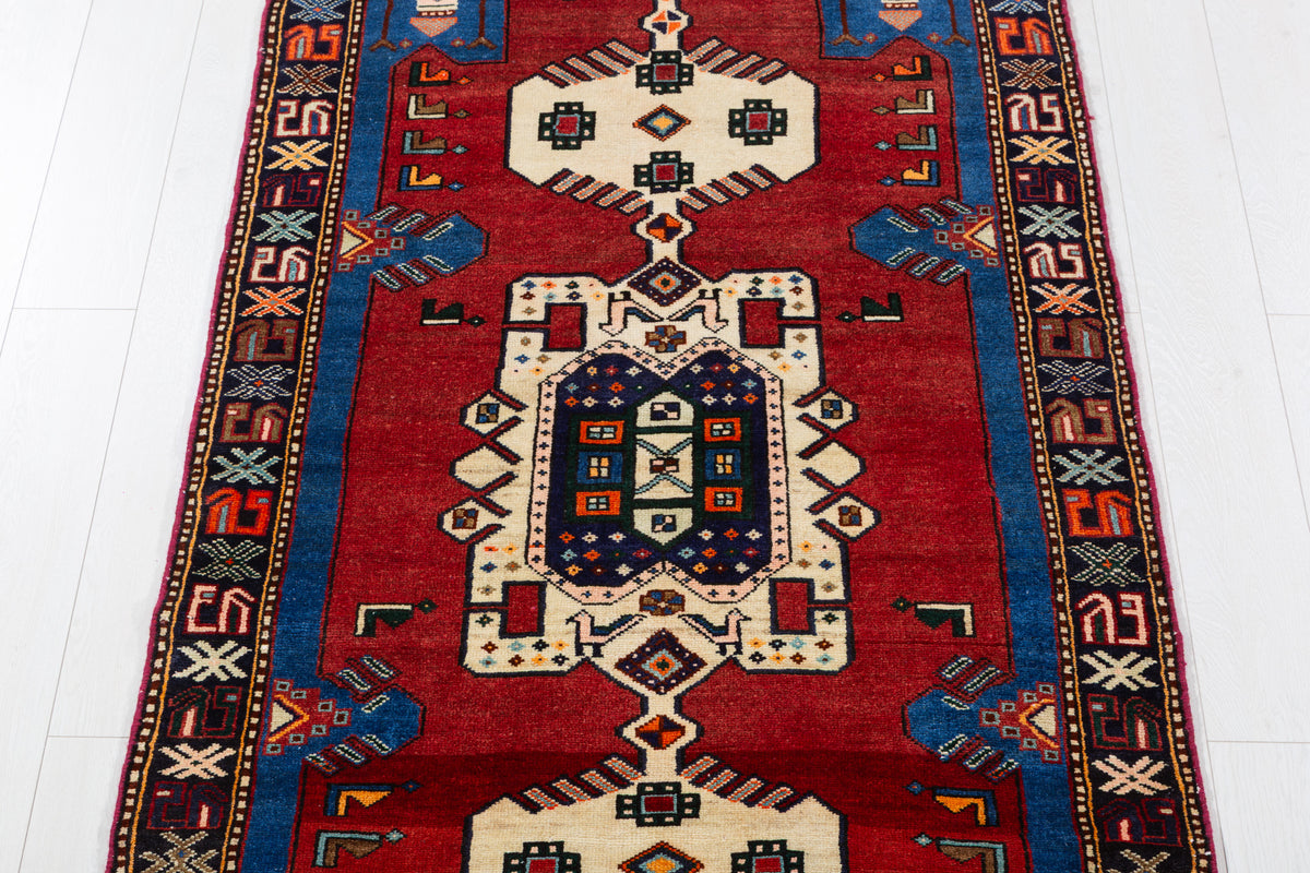 Vintage Red and Blue Tribal Stepped Medallion Hand-Knotted Area Rug – 6' 8" x 3' 6" (204 x 106 cm)